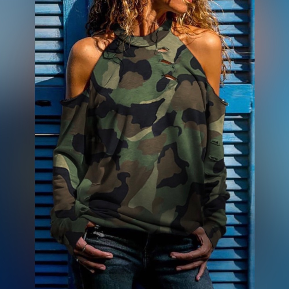 Camo Cold Shoulder Top